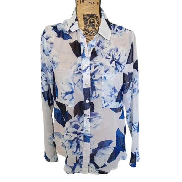 XS Show Me Your Mumu SMYMM  White & Blue Floral Button Down Long Sleeve Blouse - Picture 1 of 3